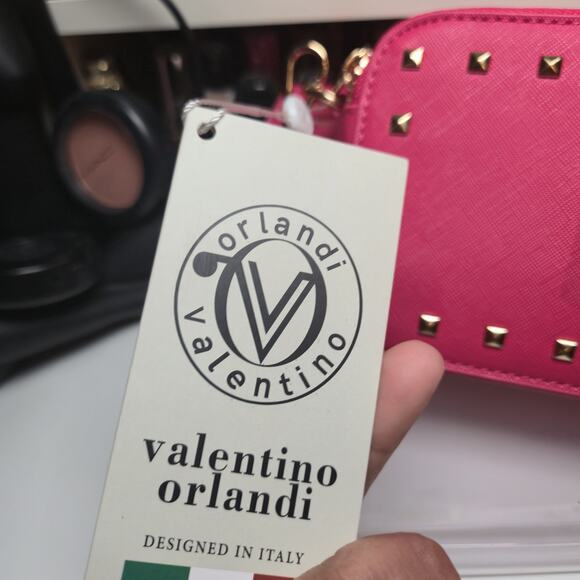NWT Valentino Orlandi Pink Double Zip Cross body Camera Bag Logo Strap RV $159 - Picture 4 of 8